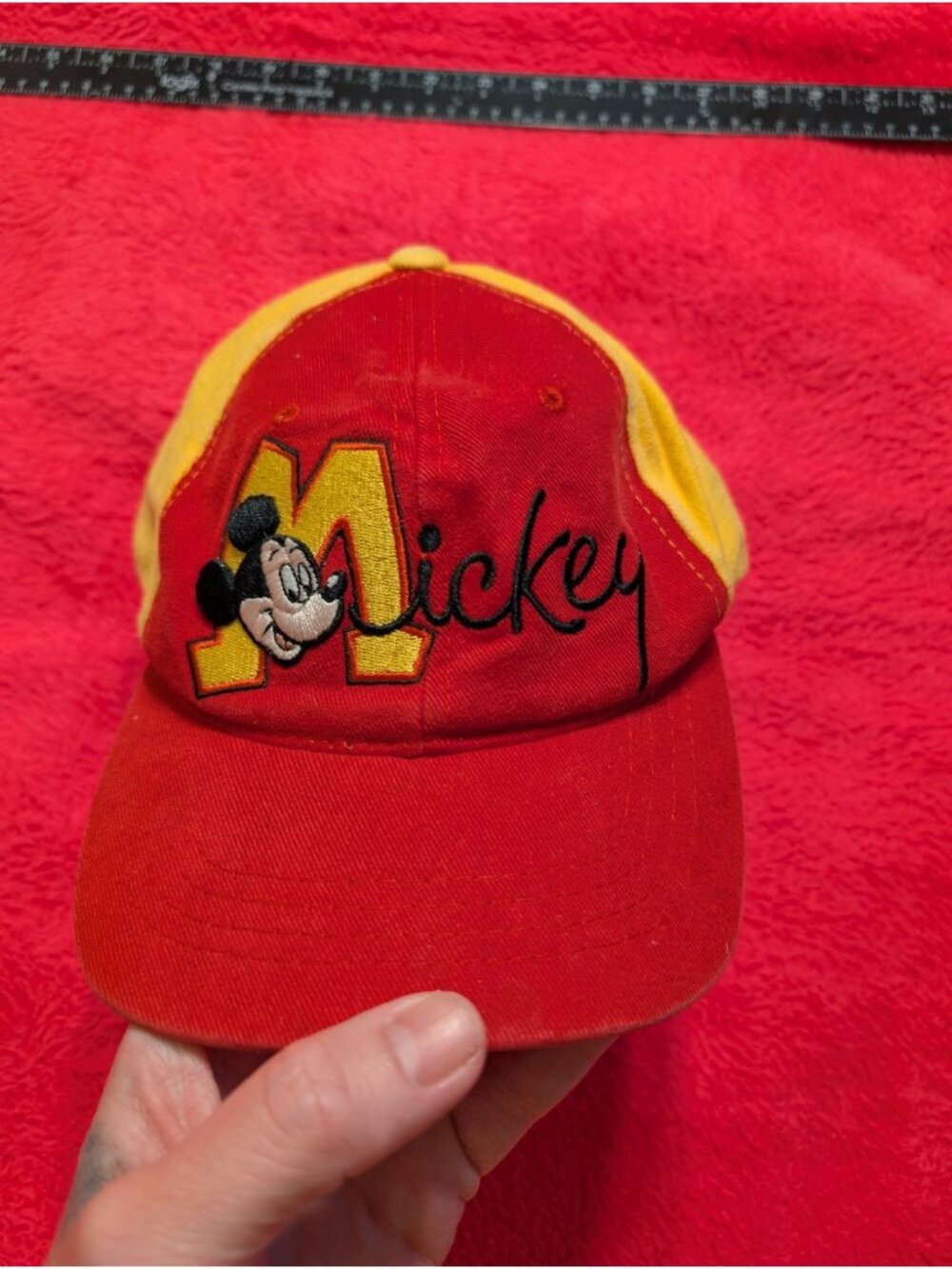 Vintage 90s Disney Mickey Mouse M Hat Goofy's Hat Co Red Yellow Colorblock